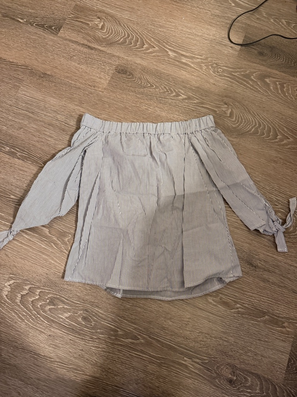 Topshop Blue and White Pinstripe Off-Shoulder Tie Sleeve Top